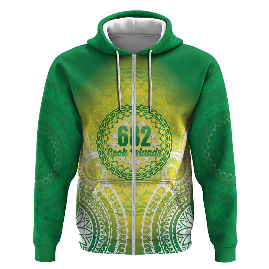 Cook Islands 682 Zip Hoodie Kuki 'Airani Area Code Proud LT14 Zip Hoodie Green - Polynesian Pride