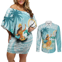 Ura Cook Islands Couples Matching Off Shoulder Short Dress and Long Sleeve Button Shirt Kuki 'Airani Traditional Dance Tropical Vibes LT14 Cyan - Polynesian Pride