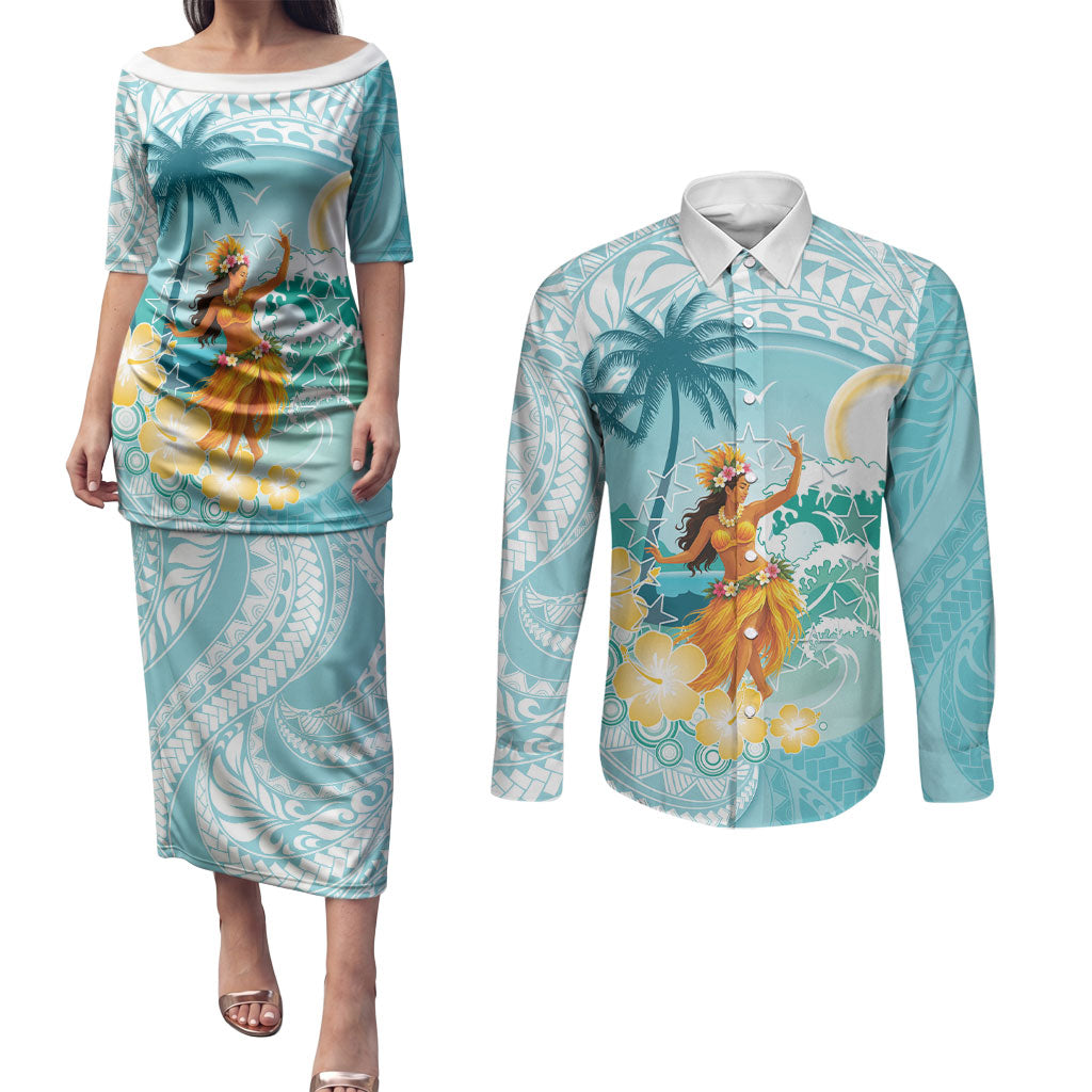 Ura Cook Islands Couples Matching Puletasi and Long Sleeve Button Shirt Kuki 'Airani Traditional Dance Tropical Vibes LT14 Cyan - Polynesian Pride