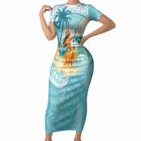Ura Cook Islands Short Sleeve Bodycon Dress Kuki 'Airani Traditional Dance Tropical Vibes LT14 Long Dress Cyan - Polynesian Pride