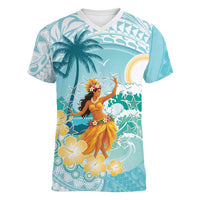 Ura Cook Islands Women V-Neck T-Shirt Kuki 'Airani Traditional Dance Tropical Vibes LT14 Female Cyan - Polynesian Pride