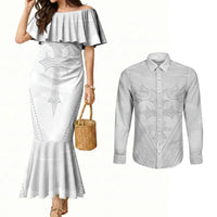 Peniamina Gospel Day Niue Couples Matching Mermaid Dress and Long Sleeve Button Shirt Cross Dove Hiapo Pattern White LT14 White - Polynesian Pride