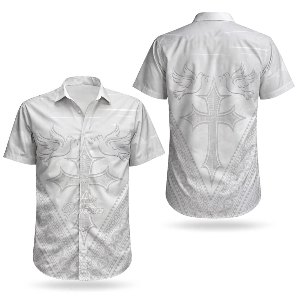 Peniamina Gospel Day Niue Couples Matching Off Shoulder Maxi Dress and Hawaiian Shirt Cross Dove Hiapo Pattern White LT14 - Polynesian Pride