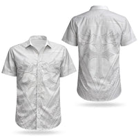 Peniamina Gospel Day Niue Couples Matching Off Shoulder Short Dress and Hawaiian Shirt Cross Dove Hiapo Pattern White LT14 - Polynesian Pride