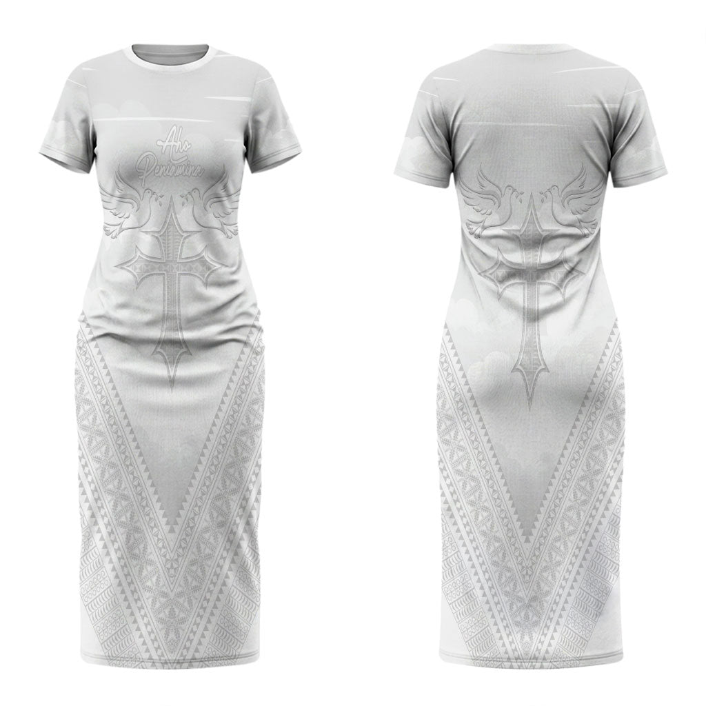 Peniamina Gospel Day Niue Couples Matching Short Sleeve Bodycon Dress and Long Sleeve Button Shirt Cross Dove Hiapo Pattern White LT14 - Polynesian Pride