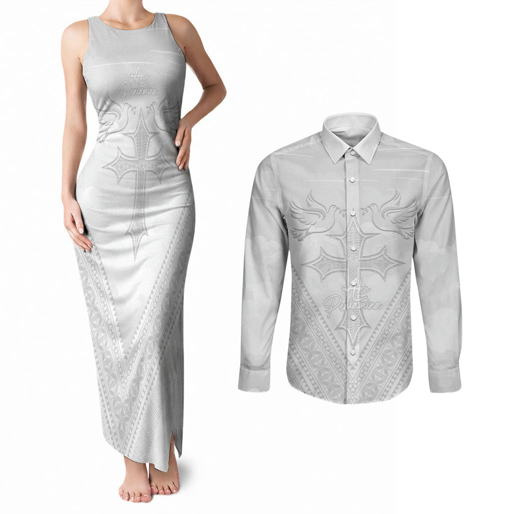 Peniamina Gospel Day Niue Couples Matching Tank Maxi Dress and Long Sleeve Button Shirt Cross Dove Hiapo Pattern White LT14 White - Polynesian Pride