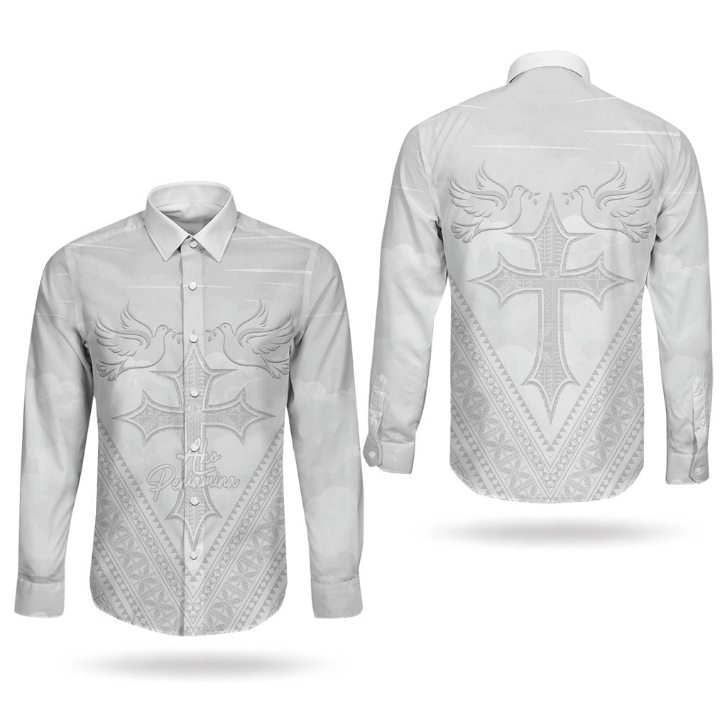 Peniamina Gospel Day Niue Couples Matching Tank Maxi Dress and Long Sleeve Button Shirt Cross Dove Hiapo Pattern White LT14 - Polynesian Pride