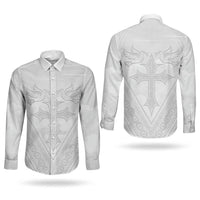 Peniamina Gospel Day Niue Couples Matching Tank Maxi Dress and Long Sleeve Button Shirt Cross Dove Hiapo Pattern White LT14 - Polynesian Pride