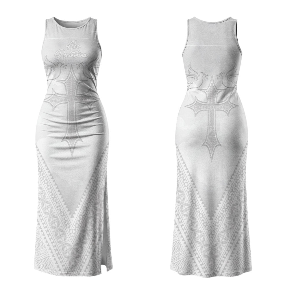 Peniamina Gospel Day Niue Couples Matching Tank Maxi Dress and Long Sleeve Button Shirt Cross Dove Hiapo Pattern White LT14 - Polynesian Pride