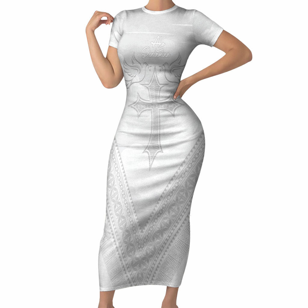 Peniamina Gospel Day Niue Short Sleeve Bodycon Dress Cross Dove Hiapo Pattern White LT14 Long Dress White - Polynesian Pride