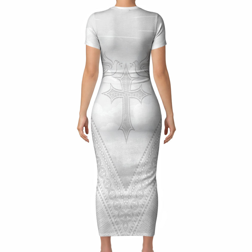Peniamina Gospel Day Niue Short Sleeve Bodycon Dress Cross Dove Hiapo Pattern White LT14 - Polynesian Pride