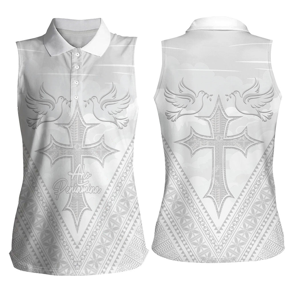 Peniamina Gospel Day Niue Women Sleeveless Polo Shirt Cross Dove Hiapo Pattern White LT14 - Polynesian Pride