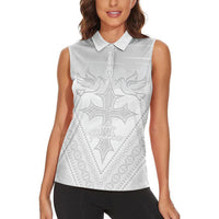 Peniamina Gospel Day Niue Women Sleeveless Polo Shirt Cross Dove Hiapo Pattern White LT14 - Polynesian Pride