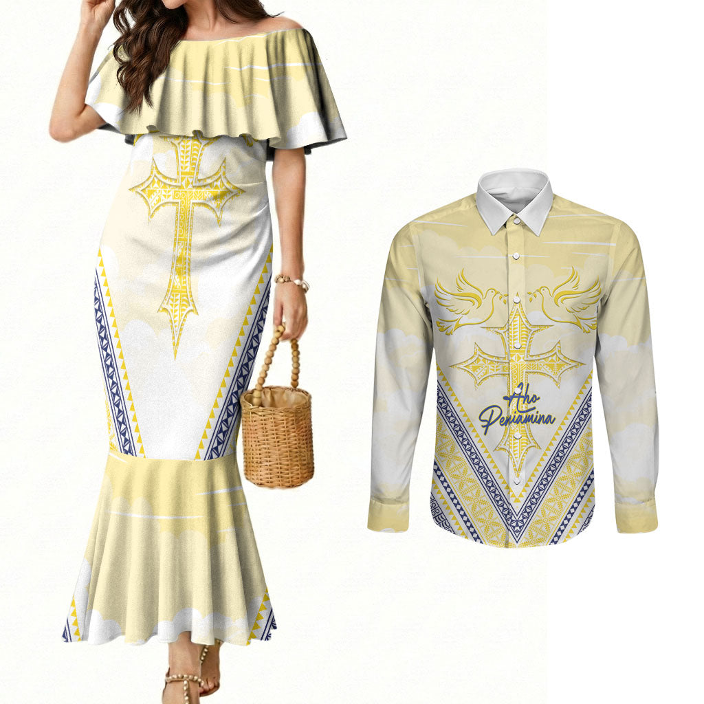 Peniamina Gospel Day Niue Couples Matching Mermaid Dress and Long Sleeve Button Shirt Cross Dove Hiapo Pattern Yellow LT14 Yellow - Polynesian Pride