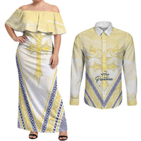 Peniamina Gospel Day Niue Couples Matching Off Shoulder Maxi Dress and Long Sleeve Button Shirt Cross Dove Hiapo Pattern Yellow LT14 Yellow - Polynesian Pride