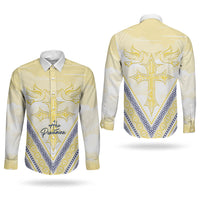 Peniamina Gospel Day Niue Couples Matching Off Shoulder Maxi Dress and Long Sleeve Button Shirt Cross Dove Hiapo Pattern Yellow LT14 - Polynesian Pride