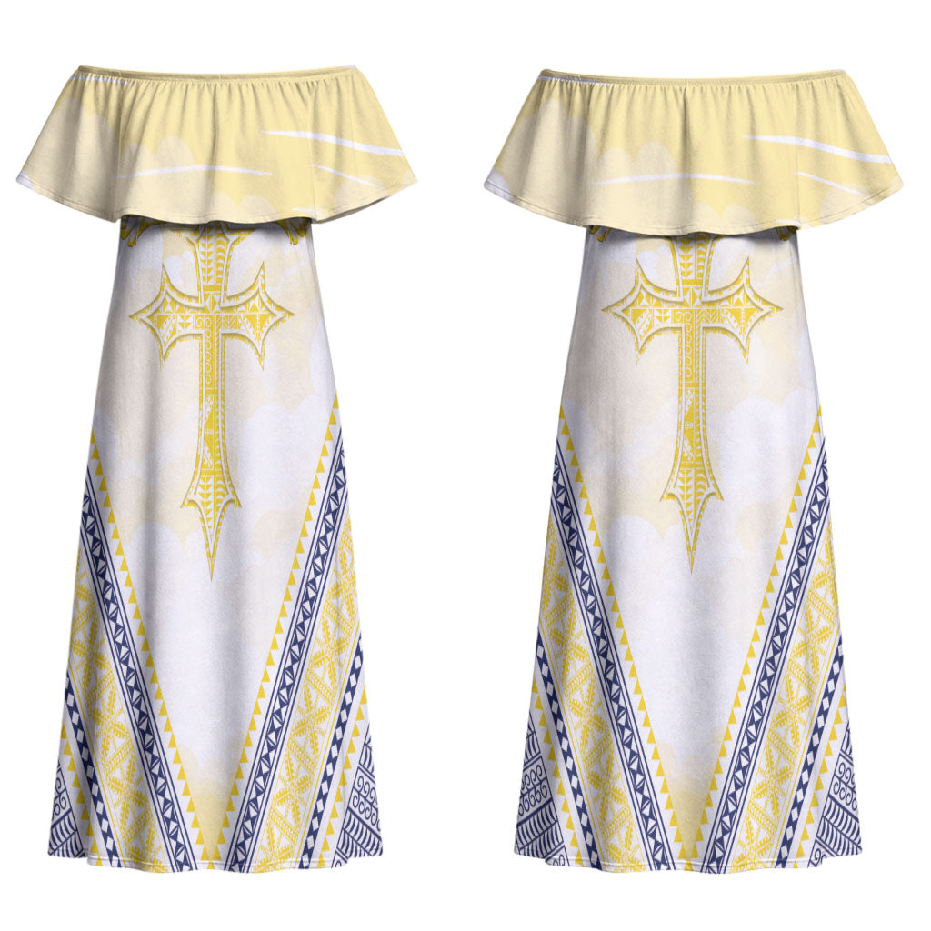 Peniamina Gospel Day Niue Couples Matching Off Shoulder Maxi Dress and Long Sleeve Button Shirt Cross Dove Hiapo Pattern Yellow LT14 - Polynesian Pride