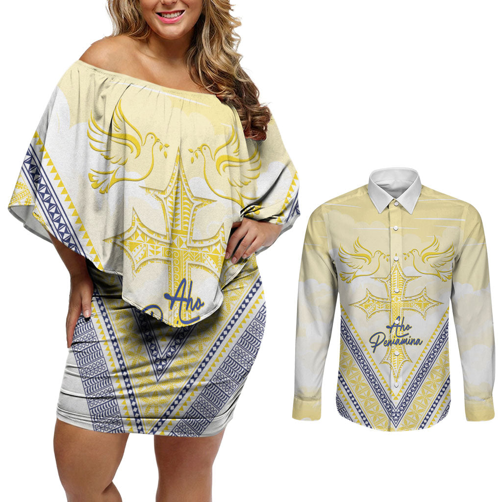 Peniamina Gospel Day Niue Couples Matching Off Shoulder Short Dress and Long Sleeve Button Shirt Cross Dove Hiapo Pattern Yellow LT14 Yellow - Polynesian Pride