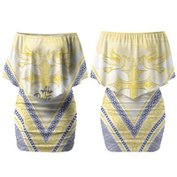 Peniamina Gospel Day Niue Couples Matching Off Shoulder Short Dress and Long Sleeve Button Shirt Cross Dove Hiapo Pattern Yellow LT14 - Polynesian Pride