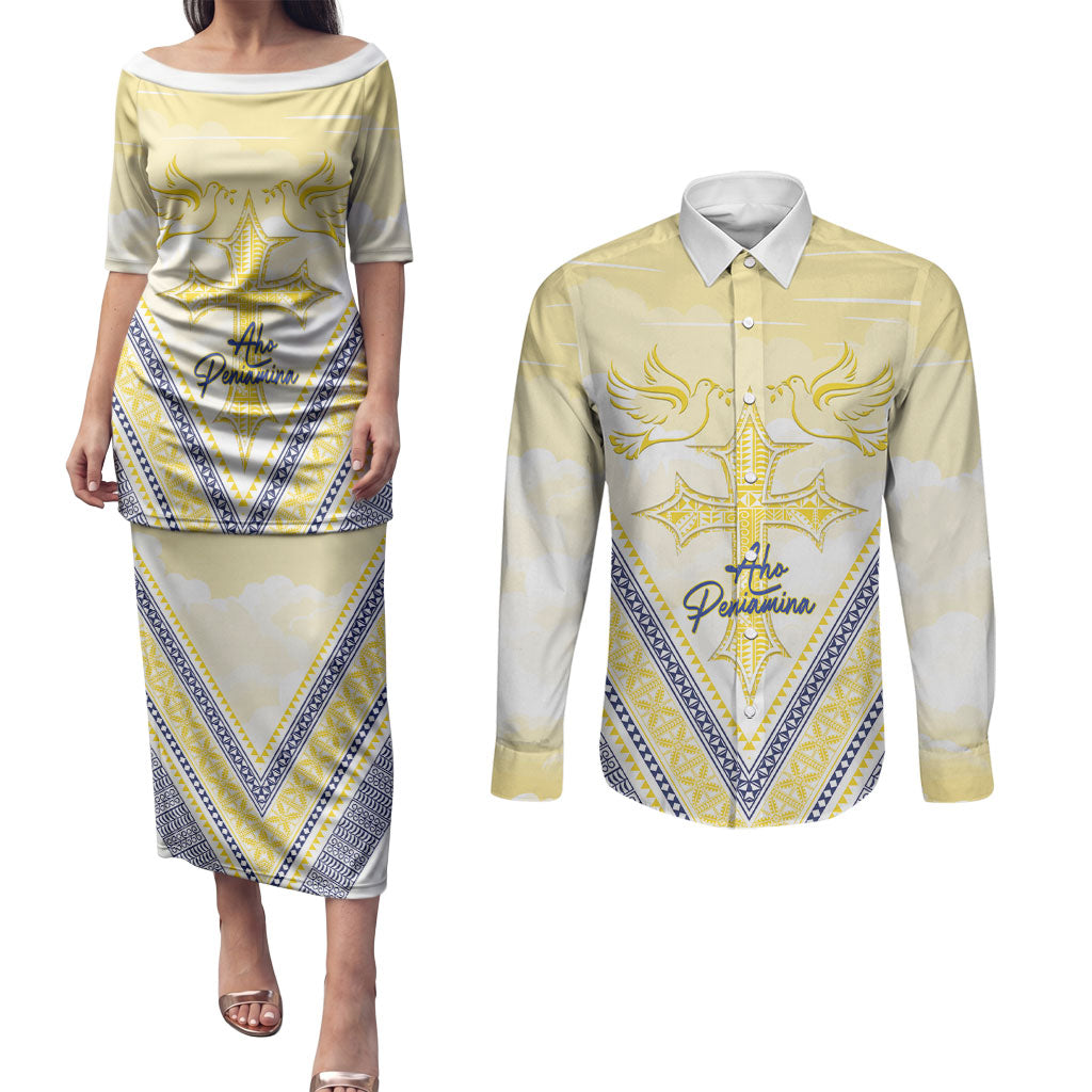 Peniamina Gospel Day Niue Couples Matching Puletasi and Long Sleeve Button Shirt Cross Dove Hiapo Pattern Yellow LT14 Yellow - Polynesian Pride