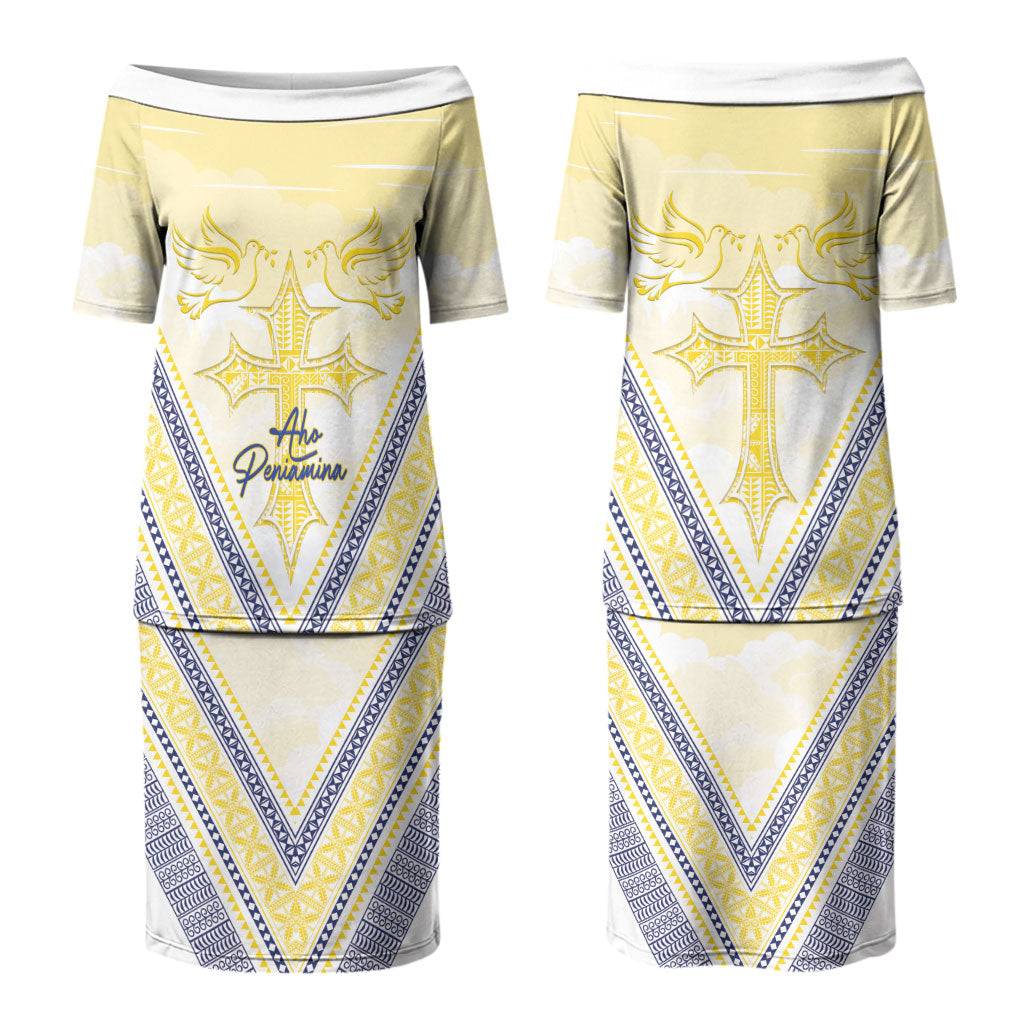 Peniamina Gospel Day Niue Couples Matching Puletasi and Long Sleeve Button Shirt Cross Dove Hiapo Pattern Yellow LT14 - Polynesian Pride