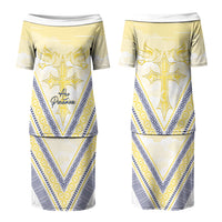 Peniamina Gospel Day Niue Couples Matching Puletasi and Long Sleeve Button Shirt Cross Dove Hiapo Pattern Yellow LT14 - Polynesian Pride