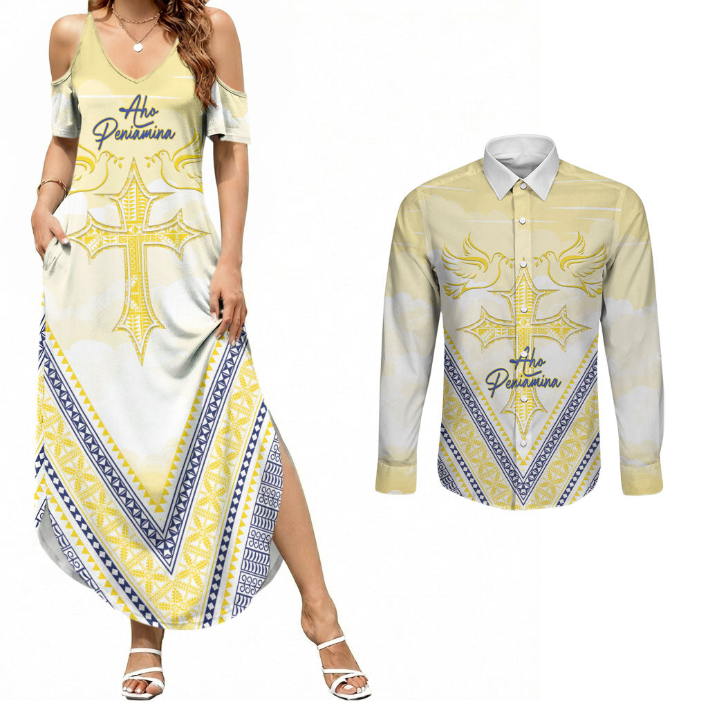 Peniamina Gospel Day Niue Couples Matching Summer Maxi Dress and Long Sleeve Button Shirt Cross Dove Hiapo Pattern Yellow LT14 Yellow - Polynesian Pride