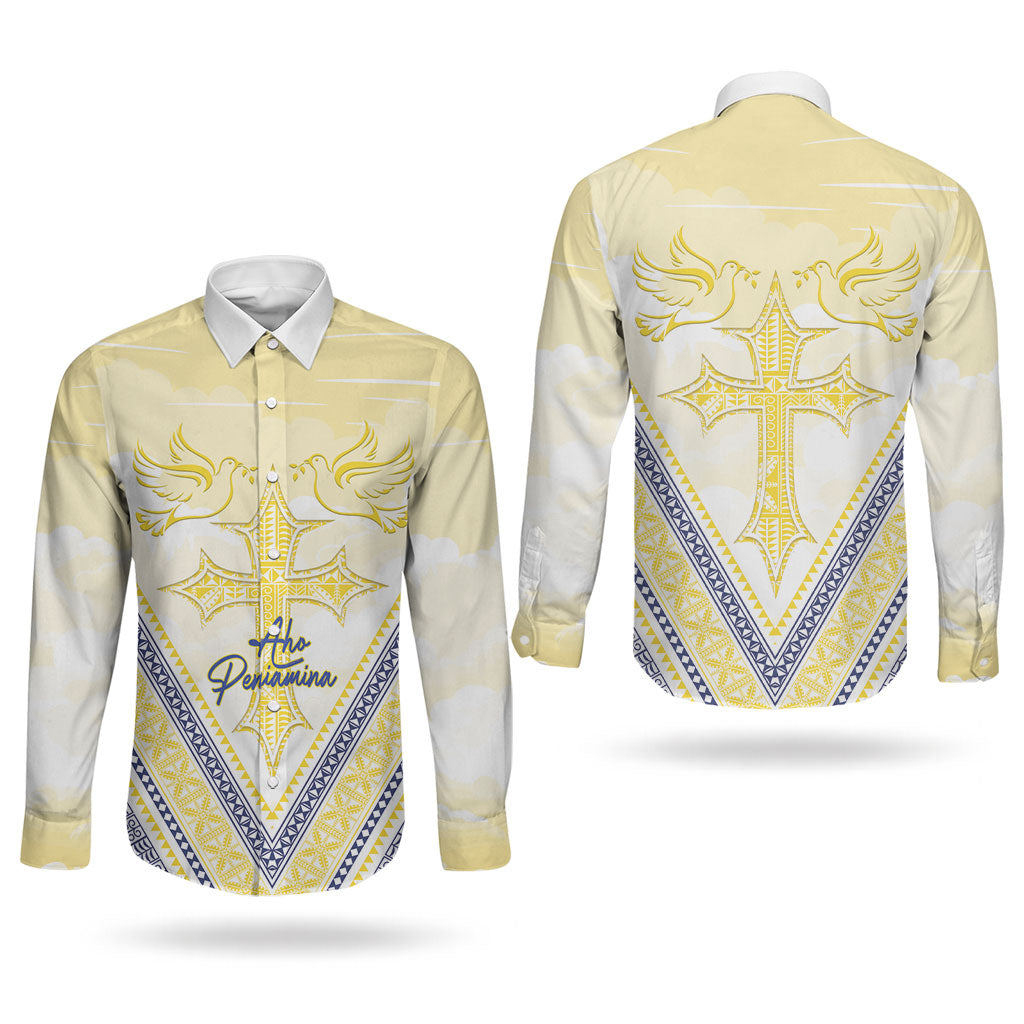 Peniamina Gospel Day Niue Couples Matching Summer Maxi Dress and Long Sleeve Button Shirt Cross Dove Hiapo Pattern Yellow LT14 - Polynesian Pride