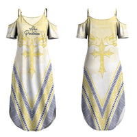 Peniamina Gospel Day Niue Couples Matching Summer Maxi Dress and Long Sleeve Button Shirt Cross Dove Hiapo Pattern Yellow LT14 - Polynesian Pride