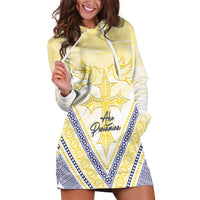 Peniamina Gospel Day Niue Hoodie Dress Cross Dove Hiapo Pattern Yellow LT14 Yellow - Polynesian Pride