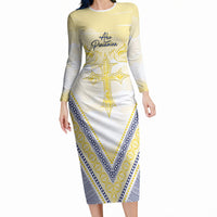 Peniamina Gospel Day Niue Long Sleeve Bodycon Dress Cross Dove Hiapo Pattern Yellow LT14 Long Dress Yellow - Polynesian Pride