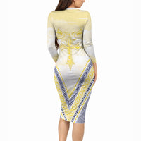 Peniamina Gospel Day Niue Long Sleeve Bodycon Dress Cross Dove Hiapo Pattern Yellow LT14 - Polynesian Pride