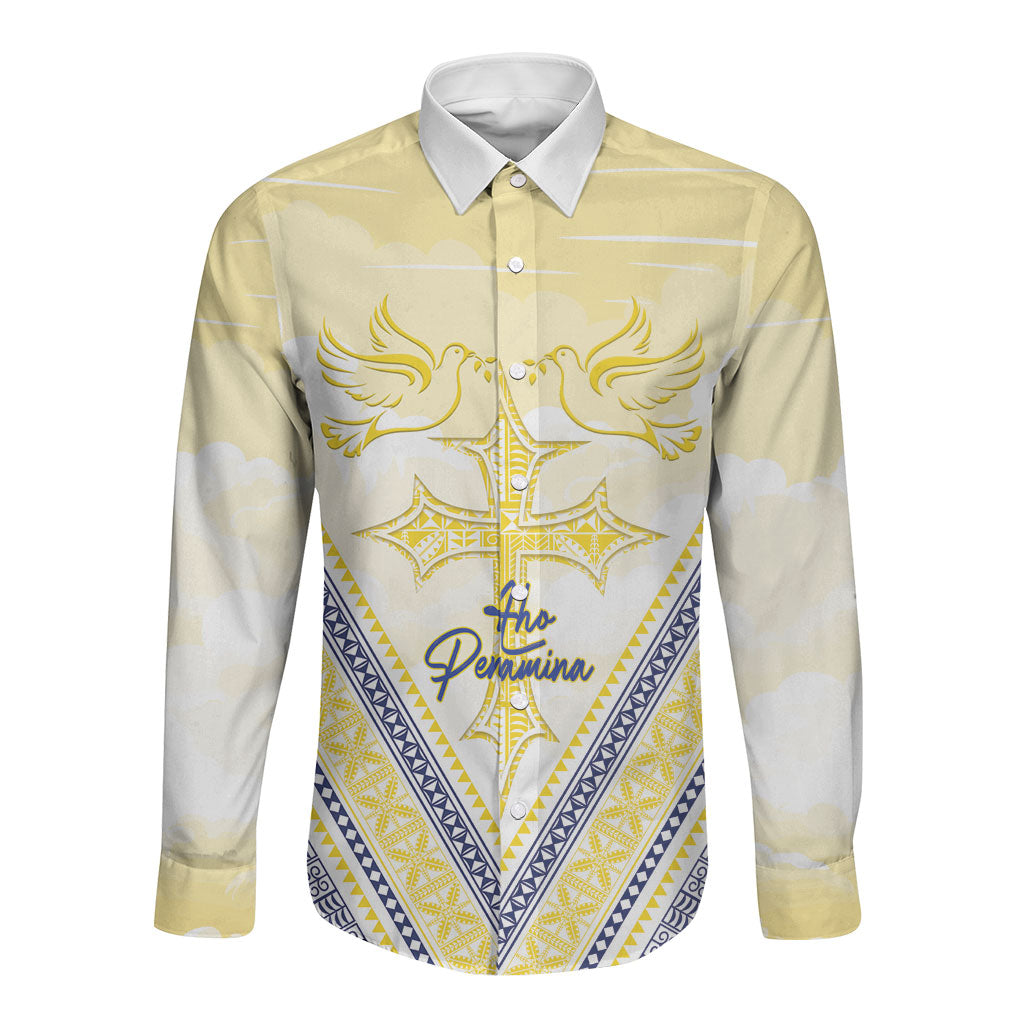 Peniamina Gospel Day Niue Long Sleeve Button Shirt Cross Dove Hiapo Pattern Yellow