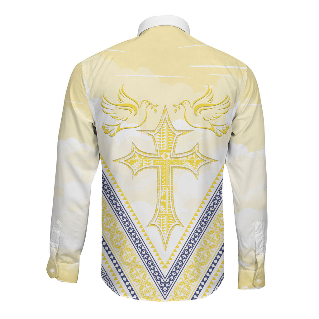 Peniamina Gospel Day Niue Long Sleeve Button Shirt Cross Dove Hiapo Pattern Yellow