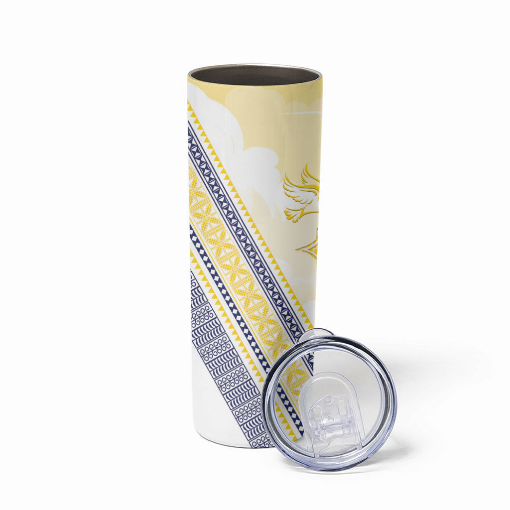 Peniamina Gospel Day Niue Skinny Tumbler Cross Dove Hiapo Pattern Yellow LT14 - Polynesian Pride