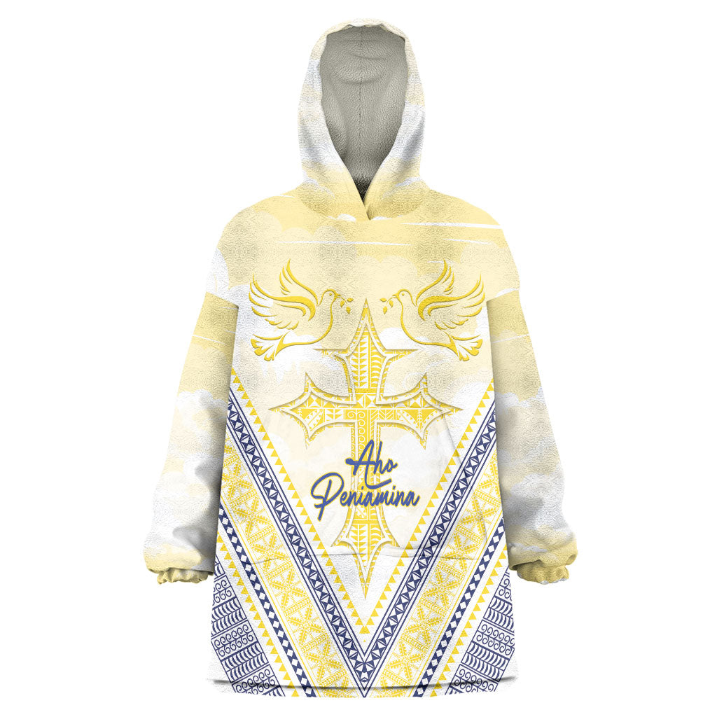 Peniamina Gospel Day Niue Wearable Blanket Hoodie Cross Dove Hiapo Pattern Yellow LT14 One Size Yellow - Polynesian Pride