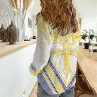 Peniamina Gospel Day Niue Women Casual Shirt Cross Dove Hiapo Pattern Yellow LT14 - Polynesian Pride
