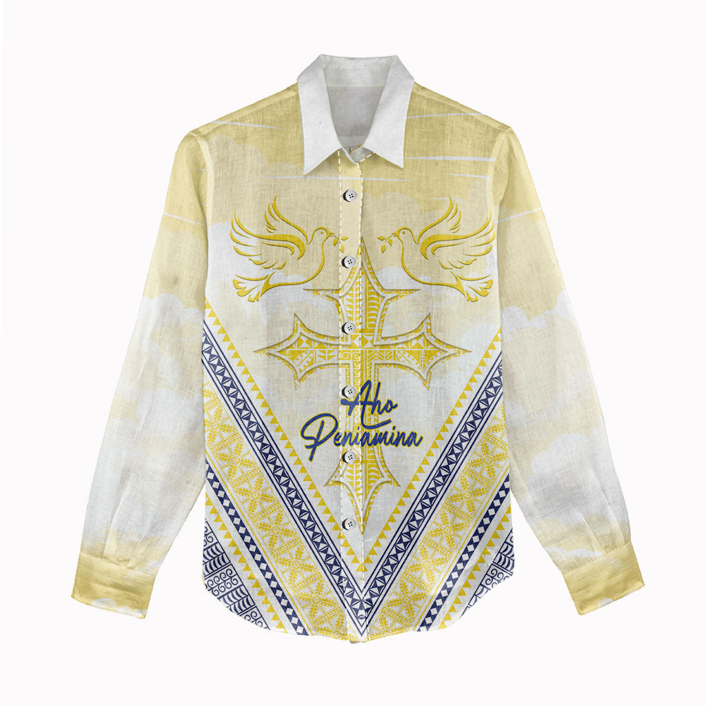 Peniamina Gospel Day Niue Women Casual Shirt Cross Dove Hiapo Pattern Yellow LT14 - Polynesian Pride