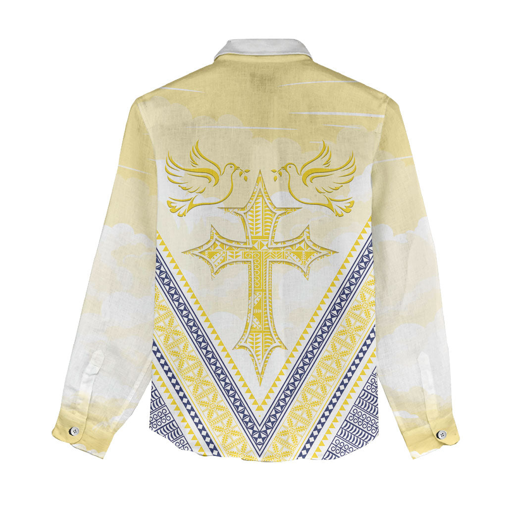 Peniamina Gospel Day Niue Women Casual Shirt Cross Dove Hiapo Pattern Yellow LT14 - Polynesian Pride
