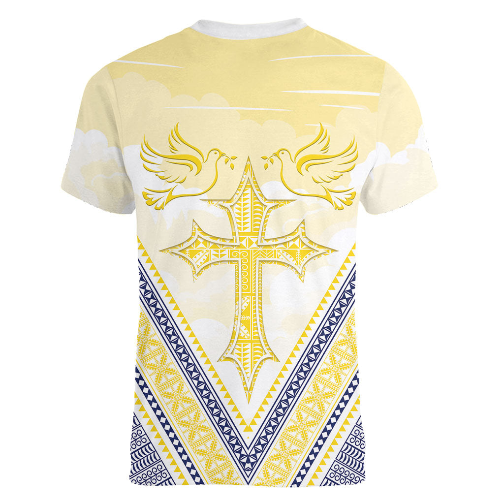 Peniamina Gospel Day Niue Women V-Neck T-Shirt Cross Dove Hiapo Pattern Yellow LT14 - Polynesian Pride