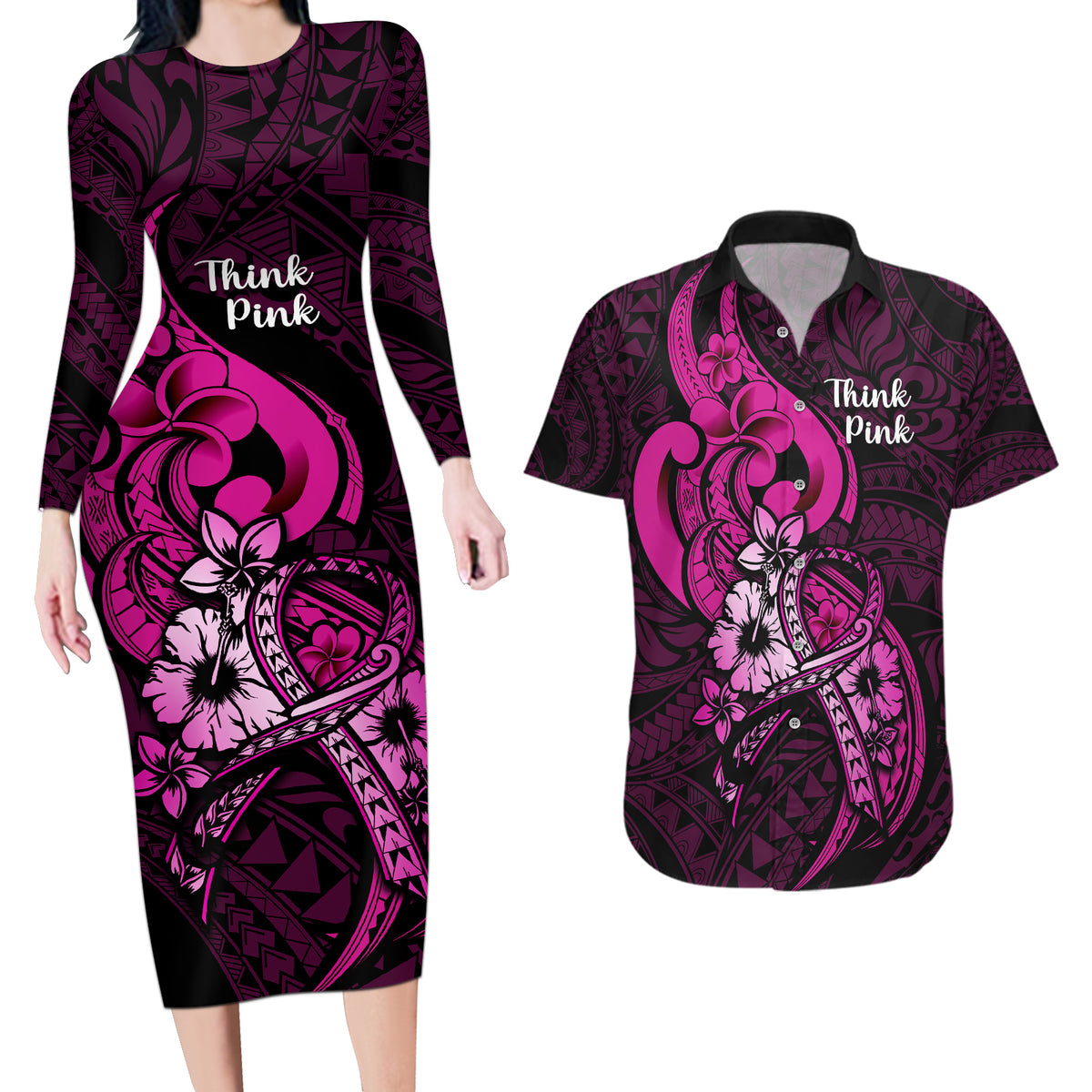 Polynesia Breast Cancer Awareness Couples Matching Long Sleeve Bodycon Dress and Hawaiian Shirt Think Pink Polynesian Ribbon Black Version LT14 Pink - Polynesian Pride