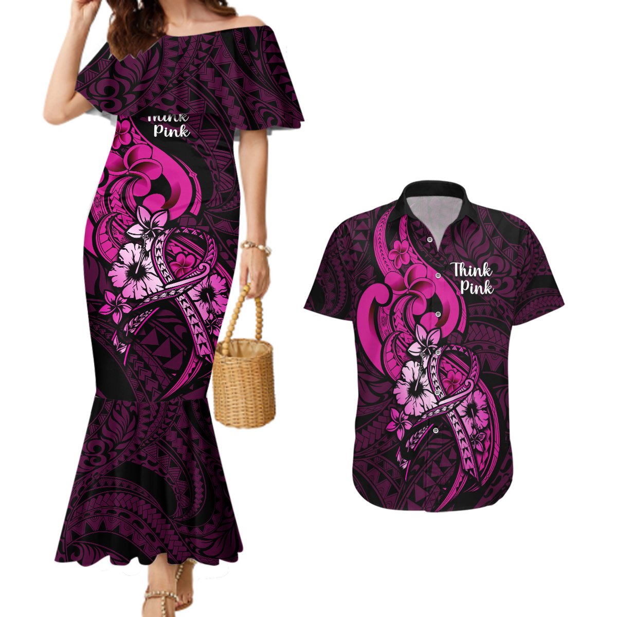 Polynesia Breast Cancer Awareness Couples Matching Mermaid Dress and Hawaiian Shirt Think Pink Polynesian Ribbon Black Version LT14 Pink - Polynesian Pride