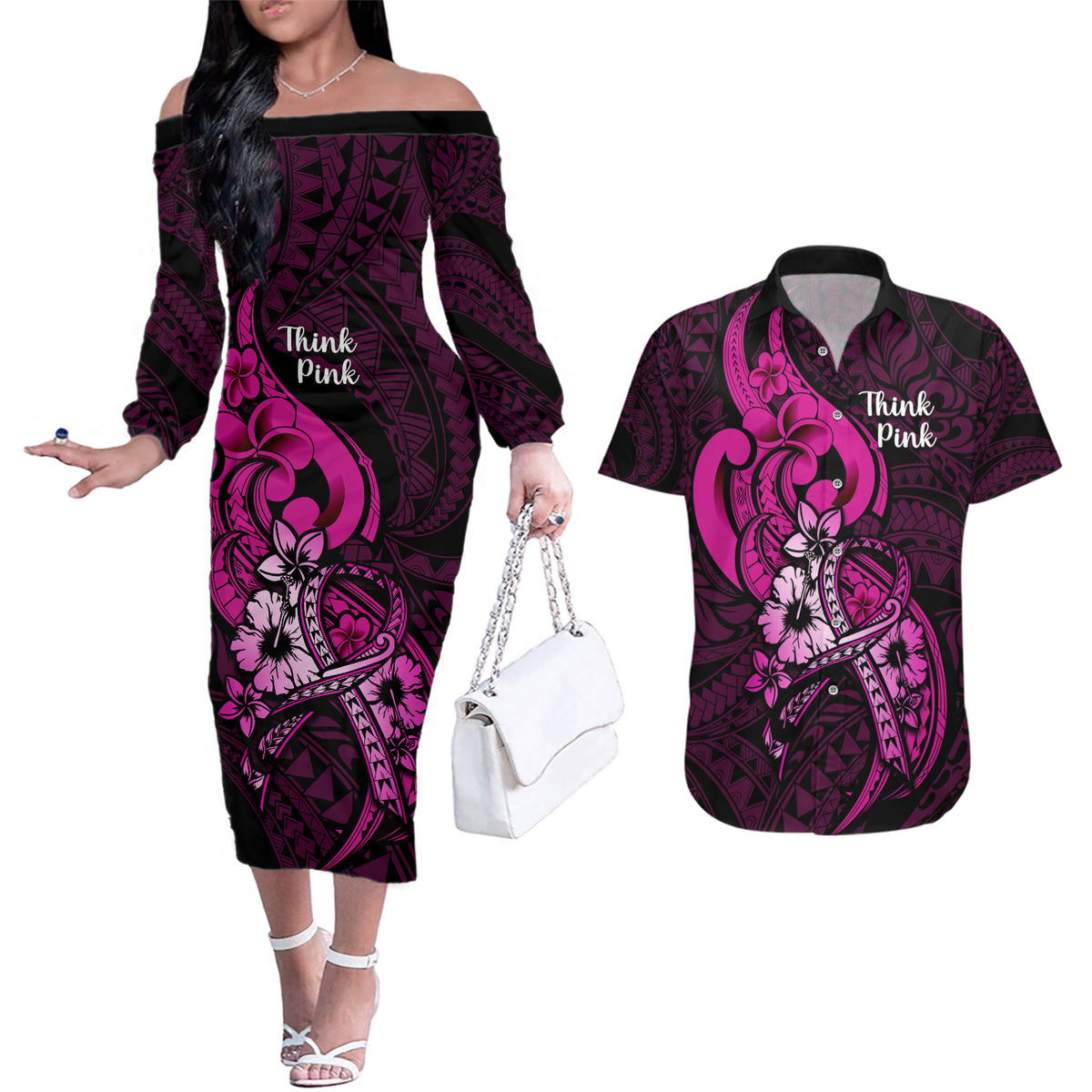 Polynesia Breast Cancer Awareness Couples Matching Off The Shoulder Long Sleeve Dress and Hawaiian Shirt Think Pink Polynesian Ribbon Black Version LT14 Pink - Polynesian Pride