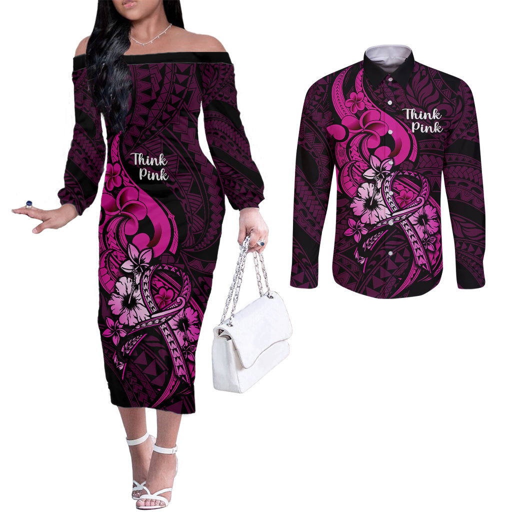 Polynesia Breast Cancer Awareness Couples Matching Off The Shoulder Long Sleeve Dress and Long Sleeve Button Shirts Think Pink Polynesian Ribbon Black Version LT14 Pink - Polynesian Pride
