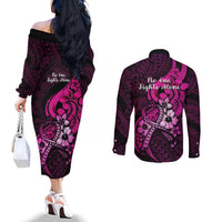 Polynesia Breast Cancer Awareness Couples Matching Off The Shoulder Long Sleeve Dress and Long Sleeve Button Shirts Think Pink Polynesian Ribbon Black Version LT14 - Polynesian Pride