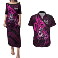 Polynesia Breast Cancer Awareness Couples Matching Puletasi Dress and Hawaiian Shirt Think Pink Polynesian Ribbon Black Version LT14 Pink - Polynesian Pride