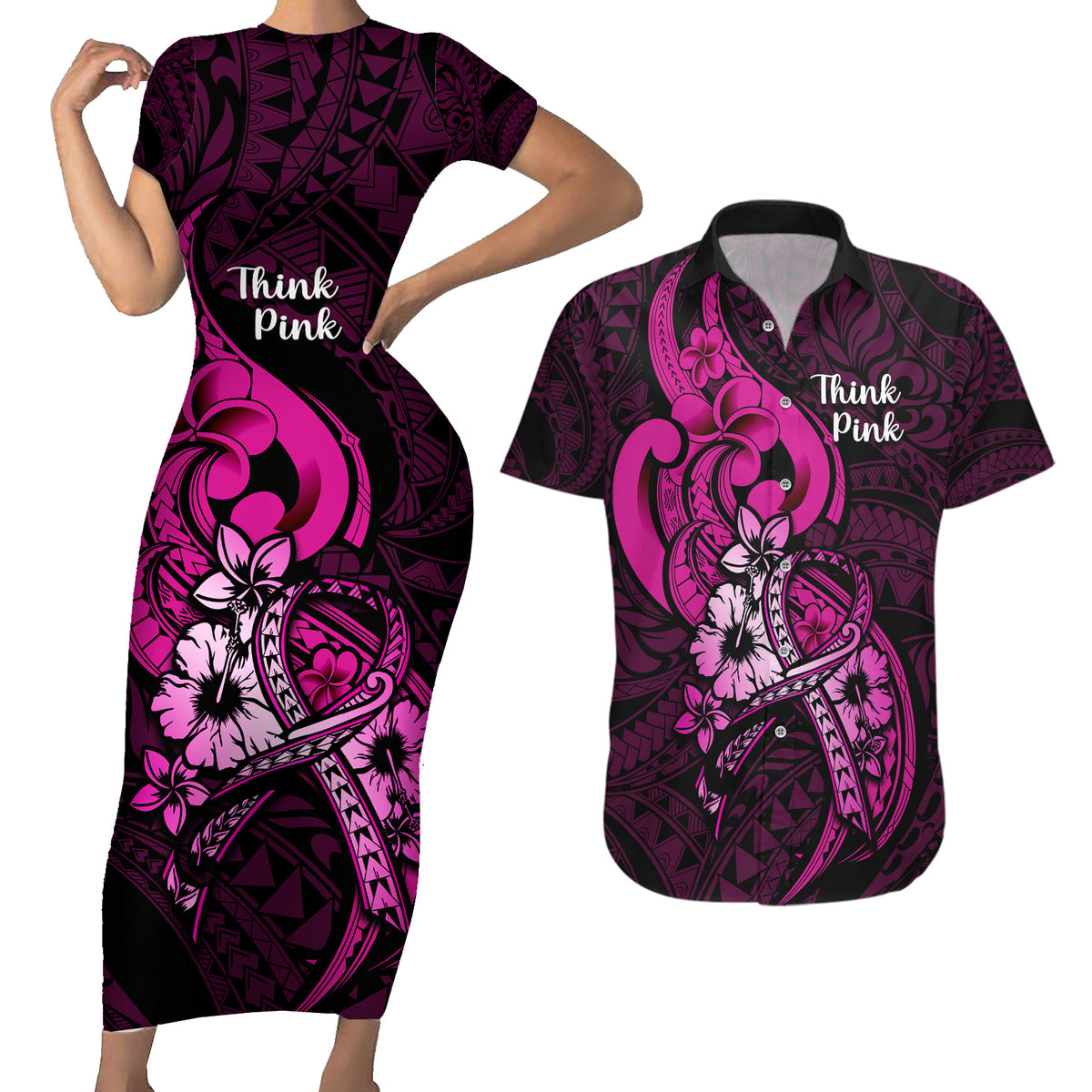 Polynesia Breast Cancer Awareness Couples Matching Short Sleeve Bodycon Dress and Hawaiian Shirt Think Pink Polynesian Ribbon Black Version LT14 Pink - Polynesian Pride