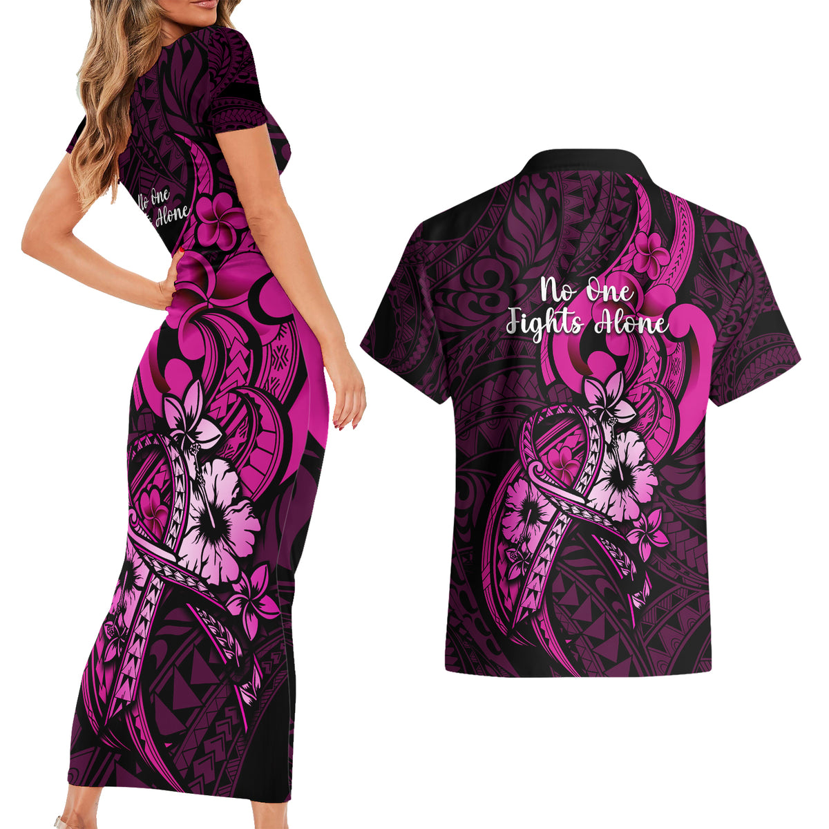 Polynesia Breast Cancer Awareness Couples Matching Short Sleeve Bodycon Dress and Hawaiian Shirt Think Pink Polynesian Ribbon Black Version LT14 - Polynesian Pride