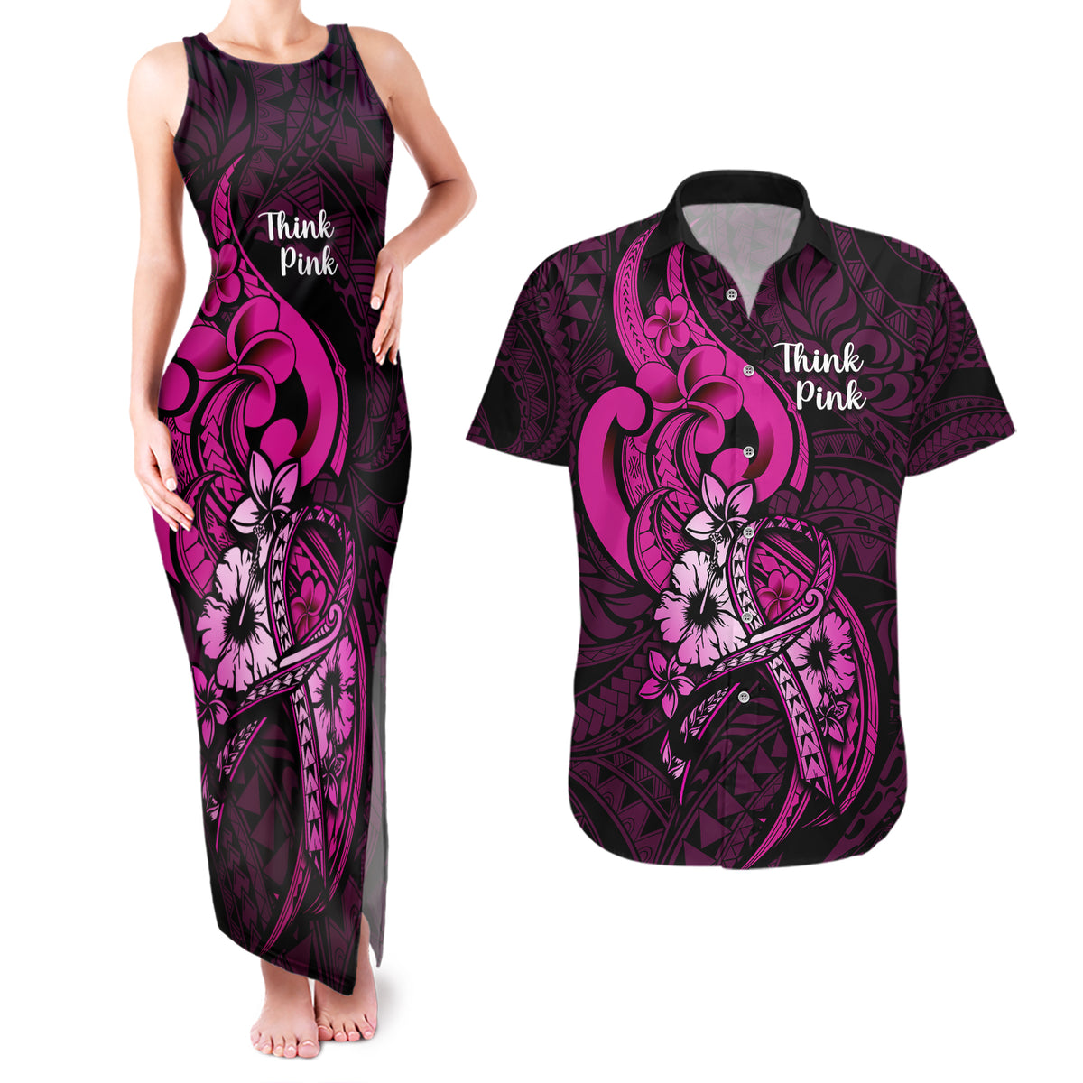 Polynesia Breast Cancer Awareness Couples Matching Tank Maxi Dress and Hawaiian Shirt Think Pink Polynesian Ribbon Black Version LT14 Pink - Polynesian Pride