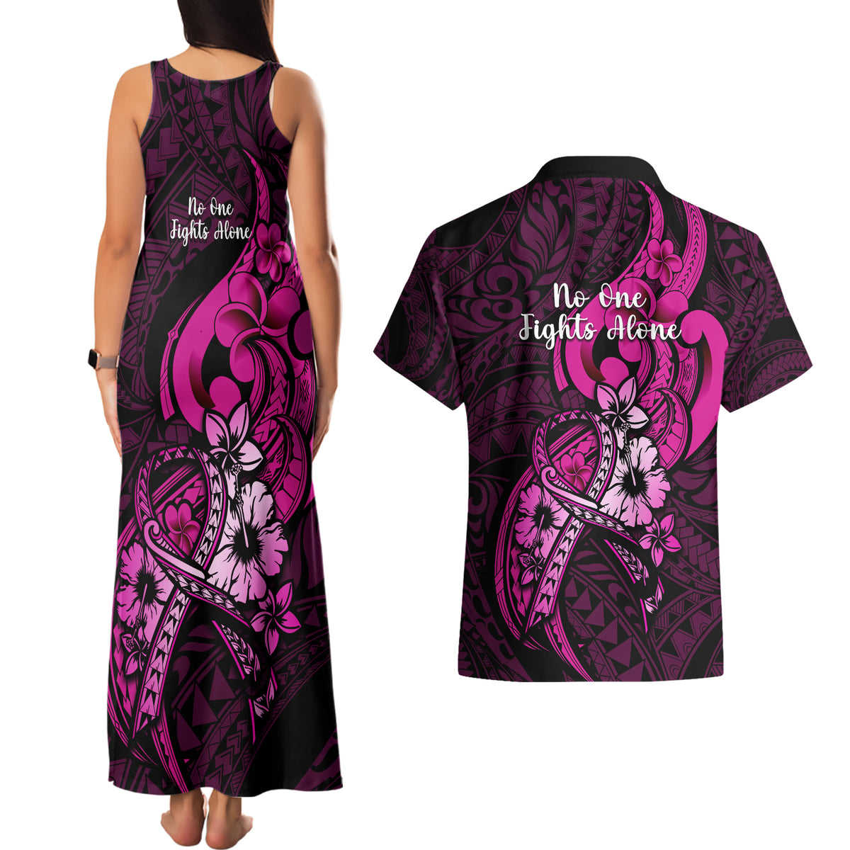 Polynesia Breast Cancer Awareness Couples Matching Tank Maxi Dress and Hawaiian Shirt Think Pink Polynesian Ribbon Black Version LT14 - Polynesian Pride